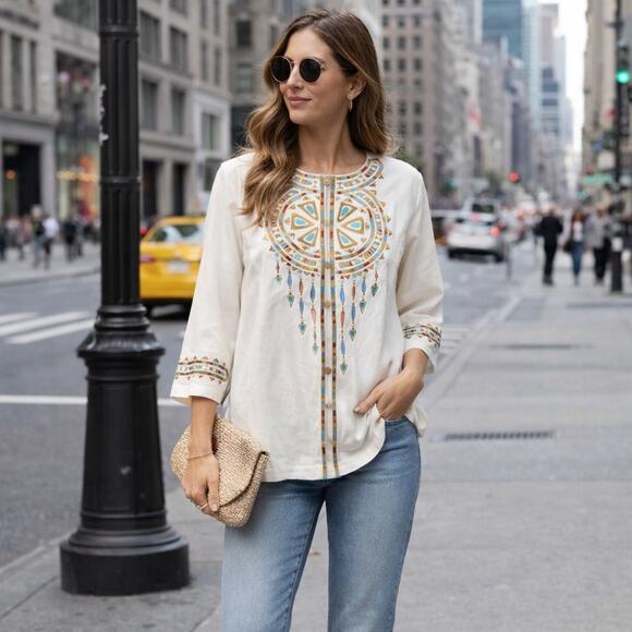 Bob Mackie Aztec Jacket Womens Large White Embroidered Blouse Southwestern Boho